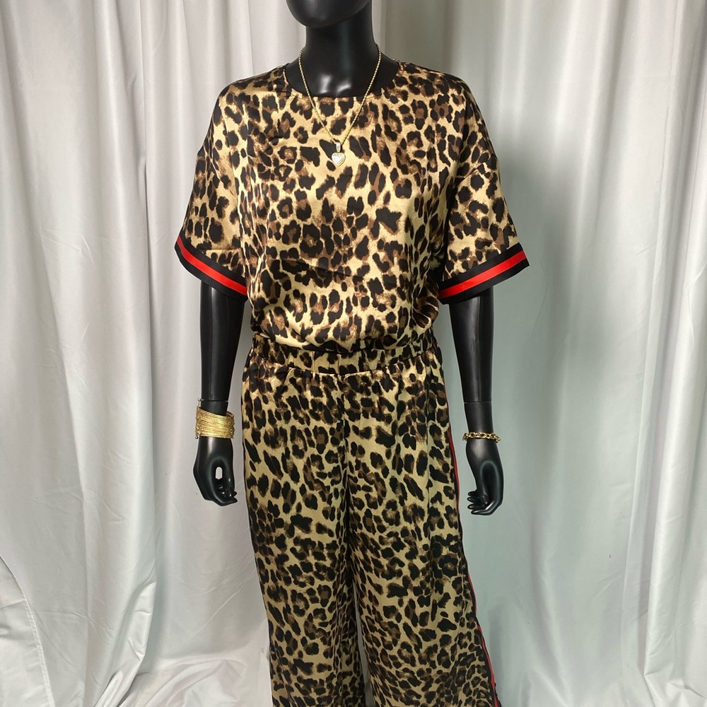 Leopard Print 2 piece with Red Accents. Pant with pockets & top
